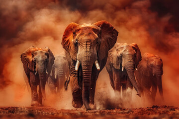 A family of African elephants marches across the vast plains.