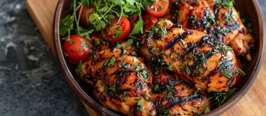 Close-Up of Bowl of Herbed BBQ Chicken With Tomatoes