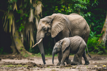 Fototapeta premium A baby elephant takes its first wobbly steps beside its mother.