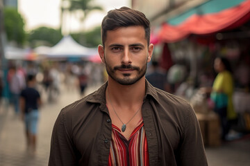 Fototapeta premium A man with a beard and a necklace is standing in front of a crowd