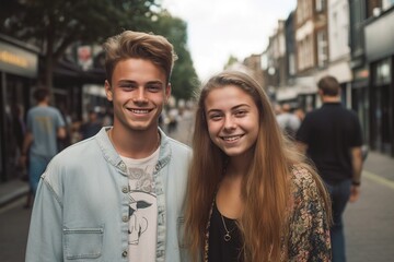 A young man and woman are smiling for the camera on a city street