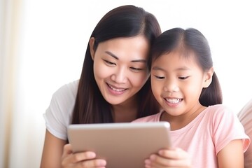 A woman and a child are looking at a tablet together