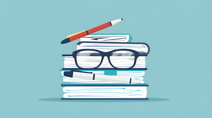A flat vector graphic of an organized stack of papers with glasses and a pen on top. representing academic writing tools for content creation in educational sales marketing - obrazy, fototapety, plakaty