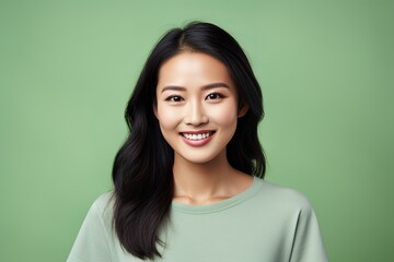 Fototapeta premium A woman with long black hair and a green shirt is smiling