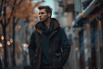 A man wearing a black jacket and a blue sweater is walking down a street