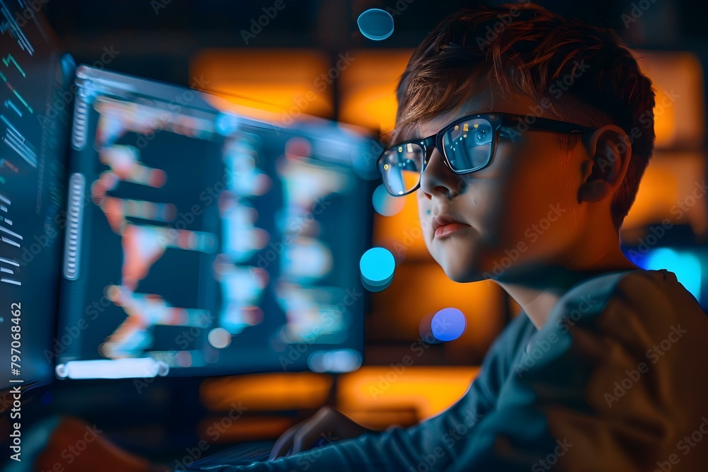 Poster a focused young boy in glasses coding on a computer in a dark room. concept technology, coding, educ