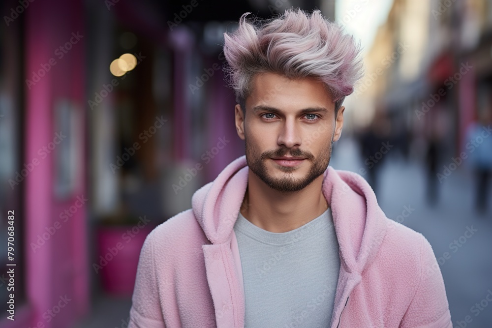 Wall mural A man with pink hair and a pink hoodie is standing on a street