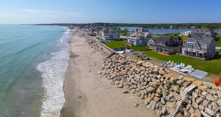 Naklejka premium Waterfront houses at North Scituate Beach aerial view in summer in town of Scituate, Norfolk County, Massachusetts MA, USA. 
