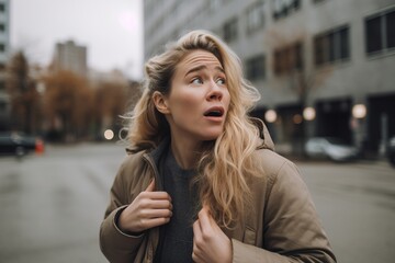 Obraz premium A woman with blonde hair is standing on a city street, looking up at the sky