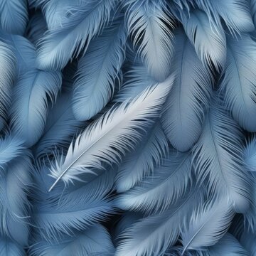 collection of soft, delicate blue feathers with one white feather in the middle. concepts: advertisements for products promoting softness or comfort, such as pillows, blankets or clothing. serenity