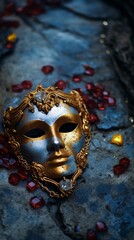 Elegant golden mask adorned with jewels on a textured surface