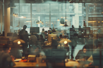 A group of people are working in an office with a view of the city