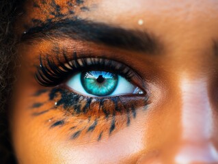 Striking close-up of a vibrant blue eye with artistic makeup
