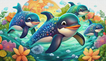 oil paimtong style CARTOON CHARACTER CUTE baby orca whale Swimming in Sunlit Waters, fish