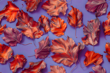 Pattern of dry orange metallic leaves on violet background