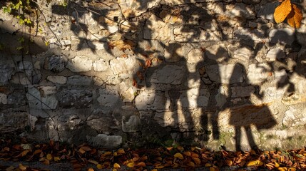 Autumn leaves scattered around a rustic, sunlit wall