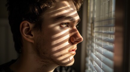 Young man looking thoughtfully through blinds with sunlight casting shadows on his face