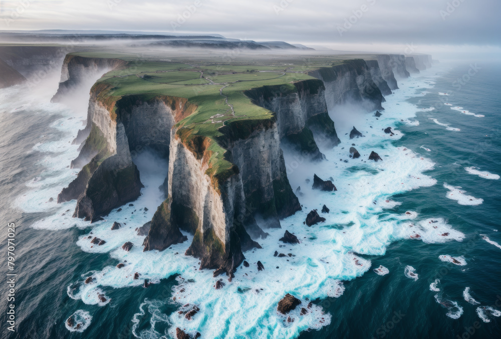 Wall mural Early morning drone capture of mist-shrouded cliffs above the swirling grey ocean. AI generated.