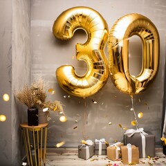 Gold helium birthday balloon number 30 inside a room with glittery confetti and beautifully wrapped gifts