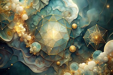 The artwork portrays golden geometric shapes amidst a dreamy, cloud-filled expanse, embodying abstract concepts of serenity and balance, ideally suited for background use - obrazy, fototapety, plakaty
