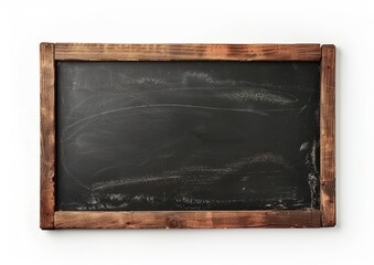Empty black chalkboard with wooden frame isolated on white