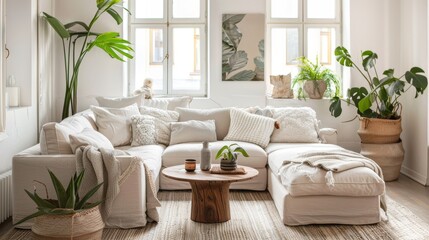 Bright and cozy Scandinavian living room decorated with lush indoor plants and white sofas