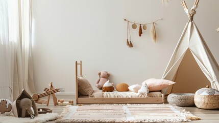 Cozy and serene Japandi-style child's bedroom with a minimalist decor and teepee