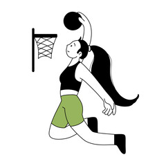 Basketball outline illustration. Basketball player with ball. Character for sports standings, web, postcard, mascot, sport school. Healthy lifestyle background. Vector line illustration.