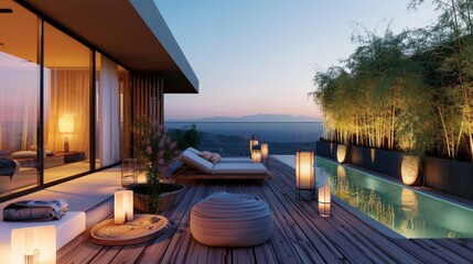 Elegant Japandi-style outdoor terrace with pool, sunset view, and modern lighting