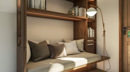 Elegant Japandi-style reading nook with plush pillows and stylish floor lamp