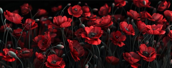 Vibrant Red Poppies in a Dark Field