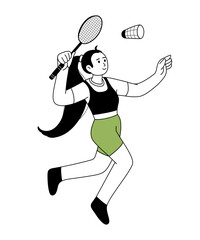 Badminton outline illustration. One Badminton player jumping smash shot. Character for sports standings web, postcard, mascot, sport school. Healthy lifestyle background. Vector line illustration.