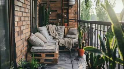 Cozy industrial-style balcony with plush seating and vibrant green plants