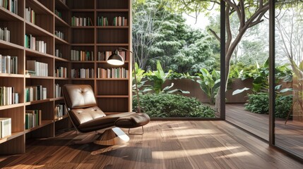Serene home library with comfortable reading chair and expansive bookshelves overlooking a lush garden