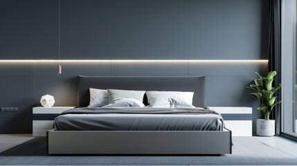 Elegant minimalist bedroom with Art Deco influences, featuring neutral tones and simple decor