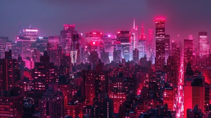 A panoramic view of a cityscape with buildings lit up in red to raise awareness for Hepatitis, symbolizing the global impact of the disease.