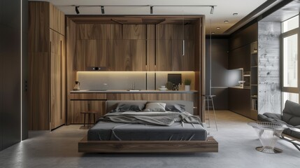 Modern studio apartment design with stylish wooden interiors and smart space utilization