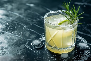 Refreshing cocktail with lime and rosemary on a dark, textured surface