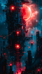 Ville du futur avec lune rouge, scène futuriste de science fiction