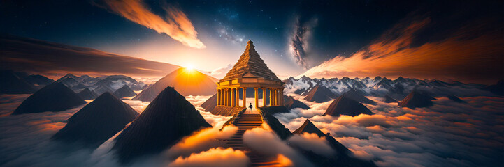 temple hybrid mountain sunset skyline