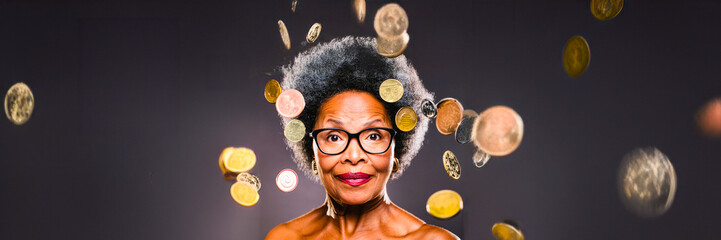 woman wearing glasses portrait with coins falling