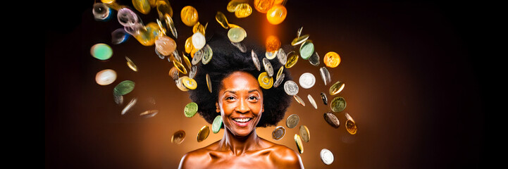 young woman with multiple coins falling on a gradient studio background