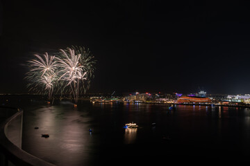 Fireworks in Yas Bay Abu Dhabi for celebrating public islamic holiday Eid Al Fitr
