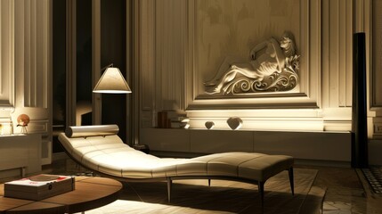 Luxurious neoclassical lounge with elegant lighting and classical sculpture