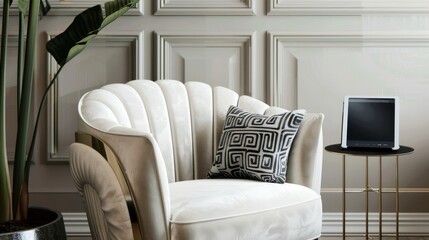 Elegant white armchair with decorative cushion and laptop in a sophisticated interior