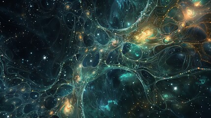 Stars and planets dance in a cosmic symphony, their interconnected threads forming an intricate tapestry across the vast expanse.