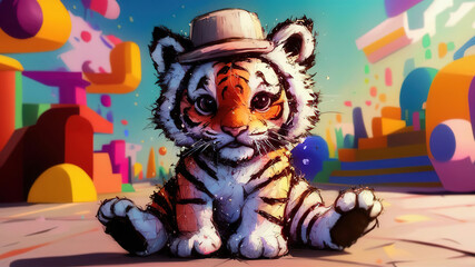 A charming baby tiger illustration with trendy hat