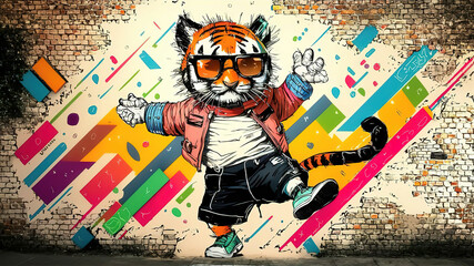 A vivid painting of playful baby tiger graffiti