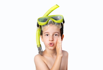 Child with mask tuba and snorkel with hand on mouth telling secret rumor, whispering malicious talk conversation with white background.