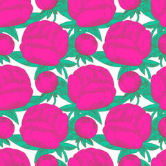 Peonies. Flowers. Vector floral illustrations of buds, leaves - seamless pattern. Drawing in flat style. Vector illustration. 